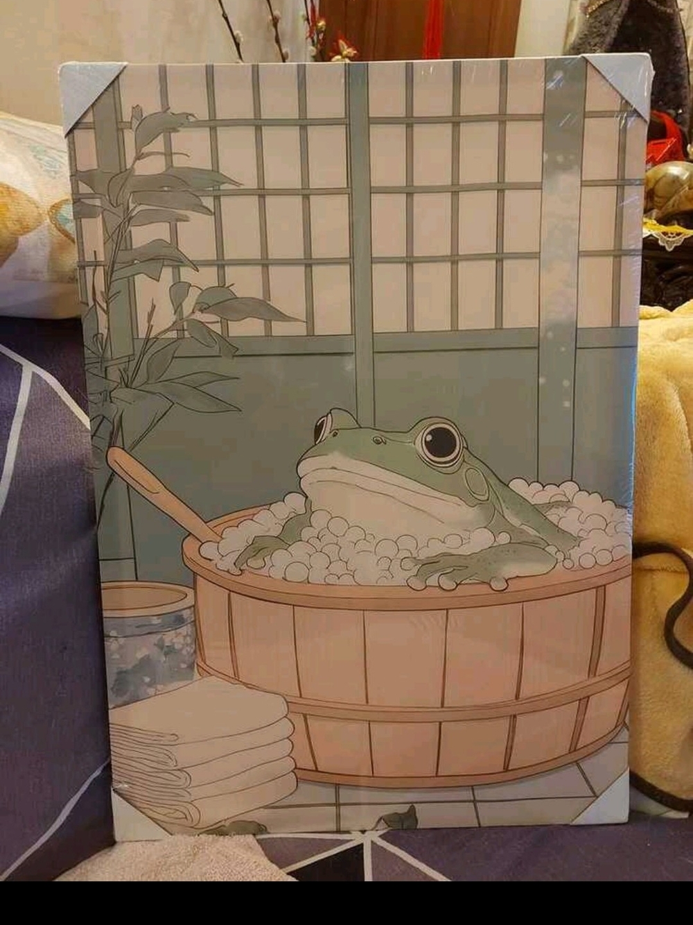 Frog Soaking in Wooden Tub Poster Print (50 cm x 70 cm)